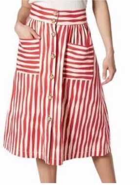 LK Bennett Red and White Striped Linen Blend Button-Front Midi Skirt Size 10